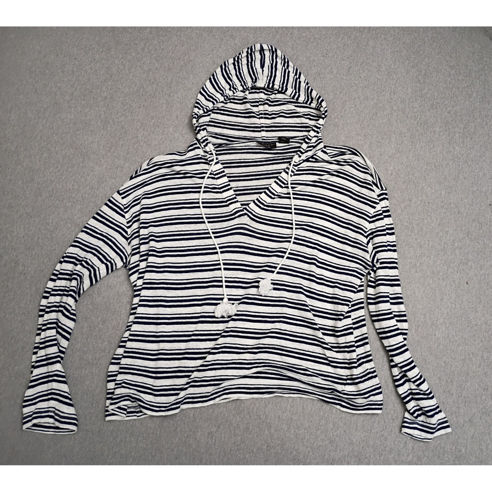 Tahari Women XL Blue White Striped 100% Linen Hoodie V-Neck Tassel Drawstring